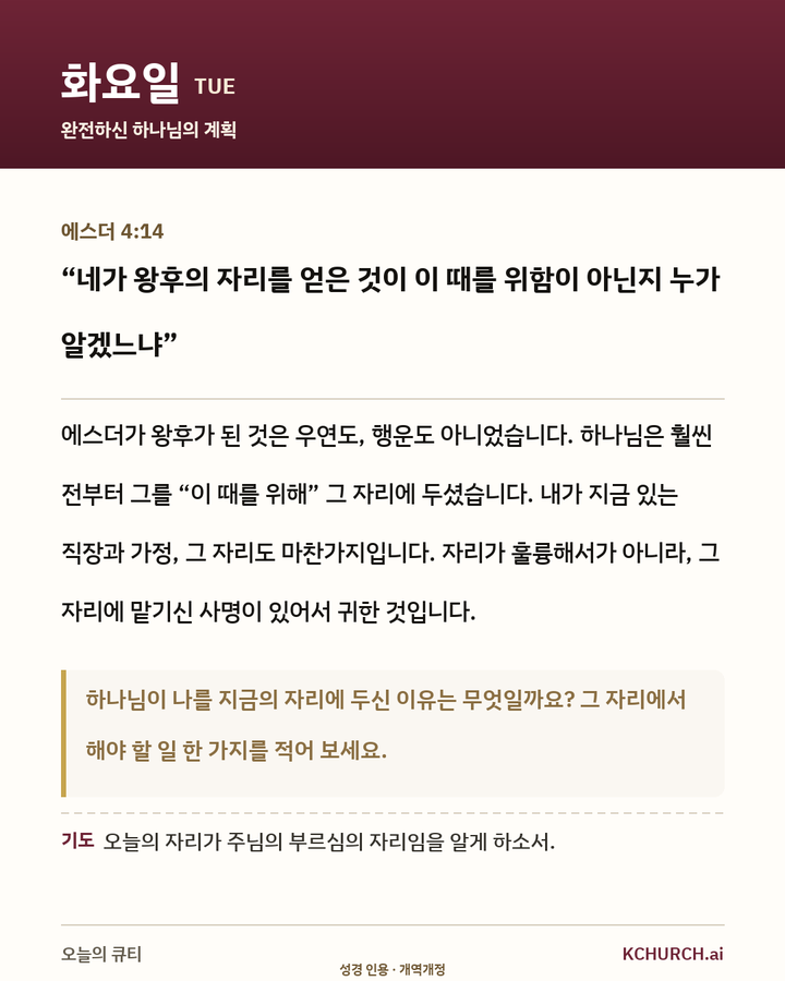 화요일 큐티 카드 — 에스더 4:14 완전하신 하나님의 계획